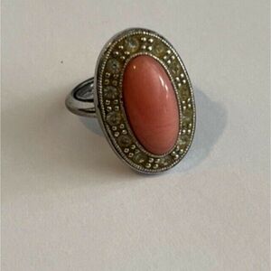 Vintage AVON Pink Oval Cabochon Silver Rhinestone Halo Ring adjustable SZ 5-7